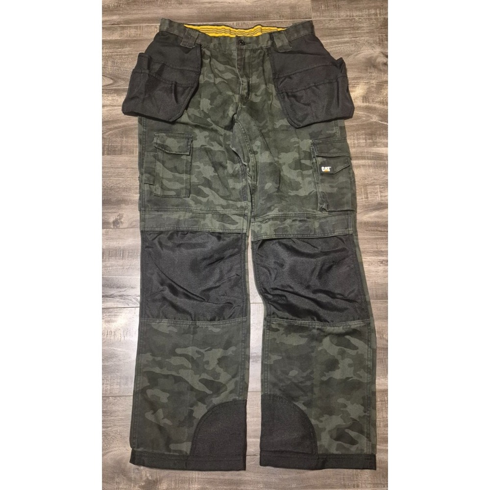 Cat Caterpillar Mens Cargo Work Pants with Pouches 34x33 Green Black Camo
